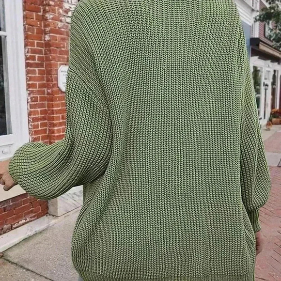 Army Green Casual Women's Solid Drop Shoulder Open Front Cardigan - Picture 2 of 8